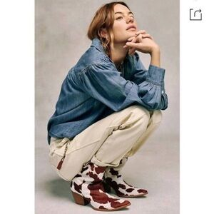 Porridge Women’s Adorina Chambray Blouse Blue Size XS Puff Sleeve Pullover Top